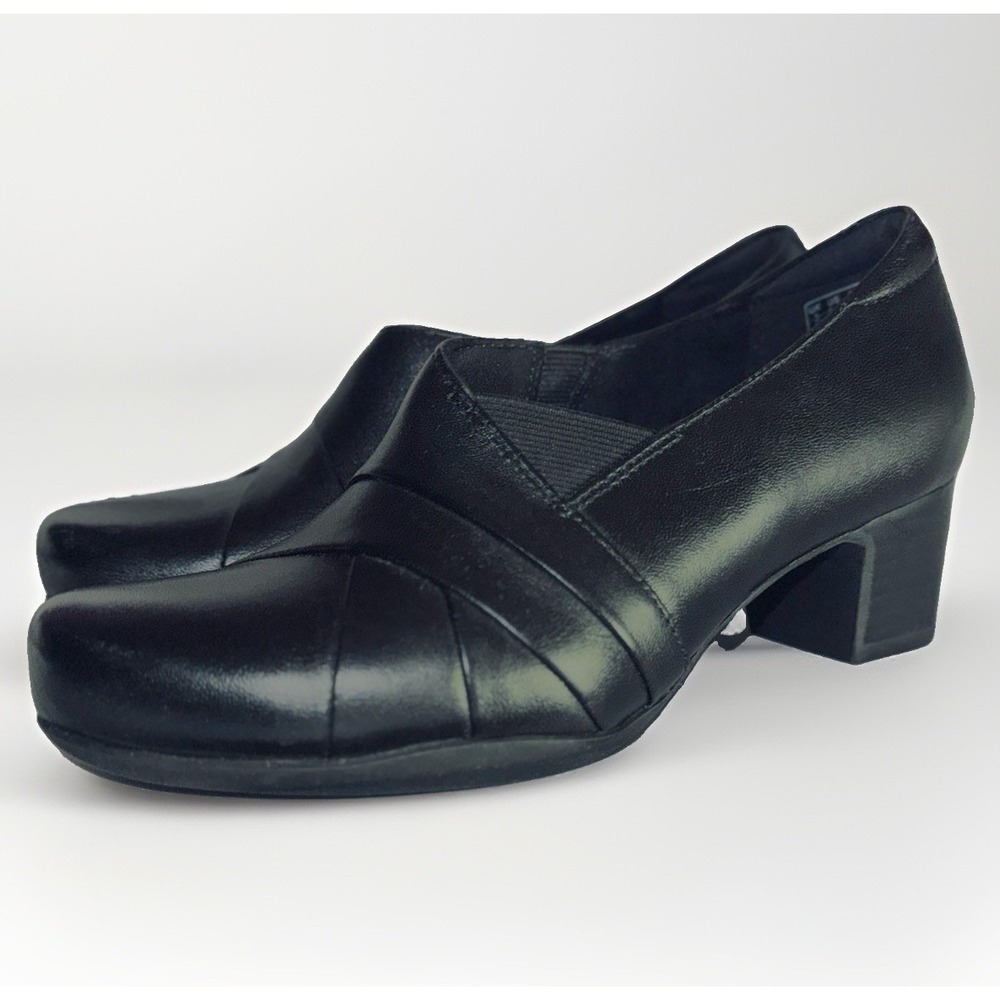 Clarks Rosalyn Adele Black Leather Block Heel Comfort Pump Loafer Shoe US 5.5 M